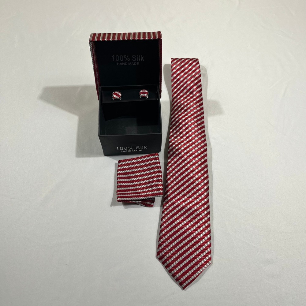 Handmade Tie Set Mens Red White Striped 100% Silk Cufflinks Box Pocket Square